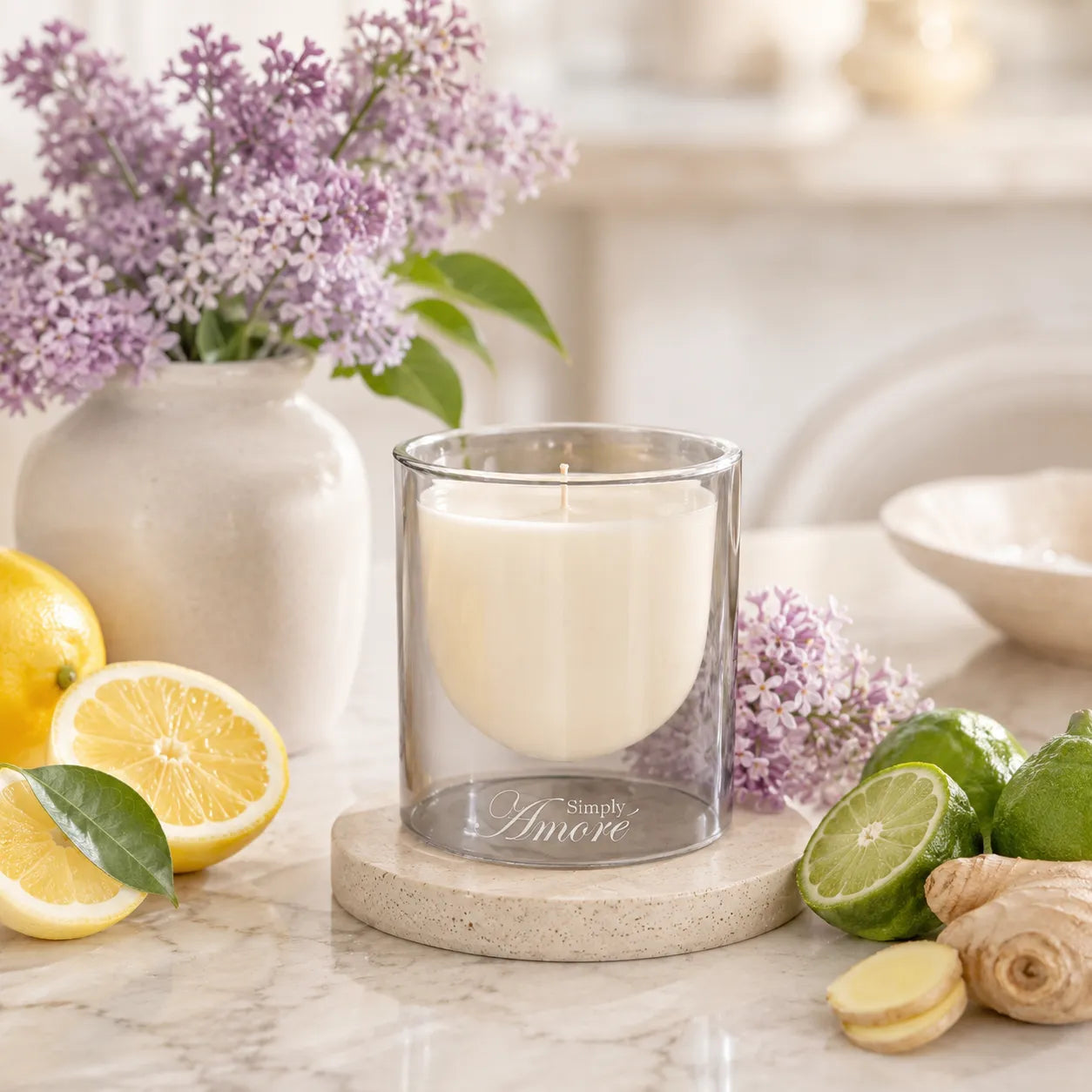 A clear glass jar candle with a white wax insert sits on a round stone coaster on a marble surface. The scene is styled with purple flowers in a vase, lemons, limes, ginger, and a bowl in a bright, soft interior setting.