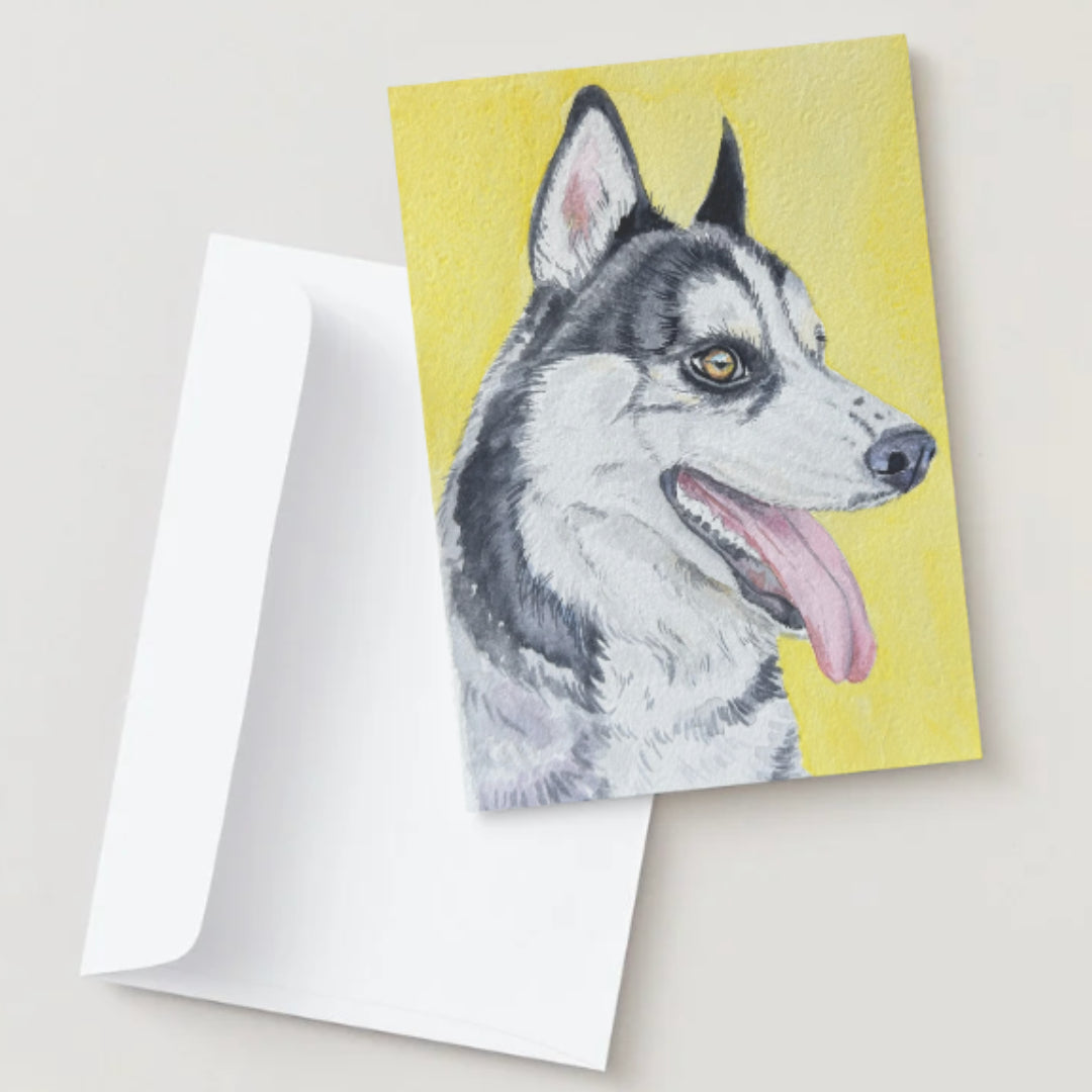 Greeting card with a husky dog illustration on a yellow background