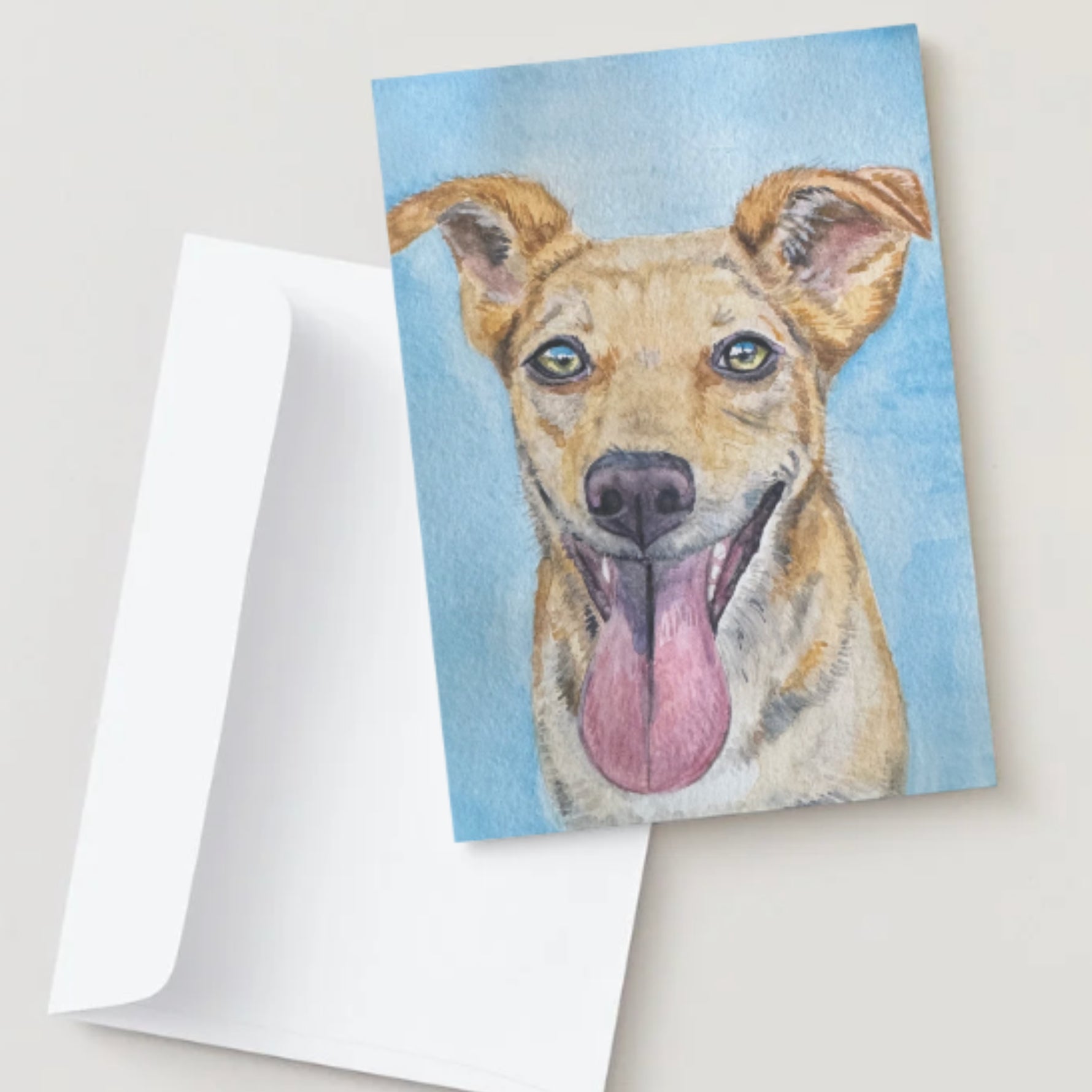 Greeting card with a dog illustration on a light gray background