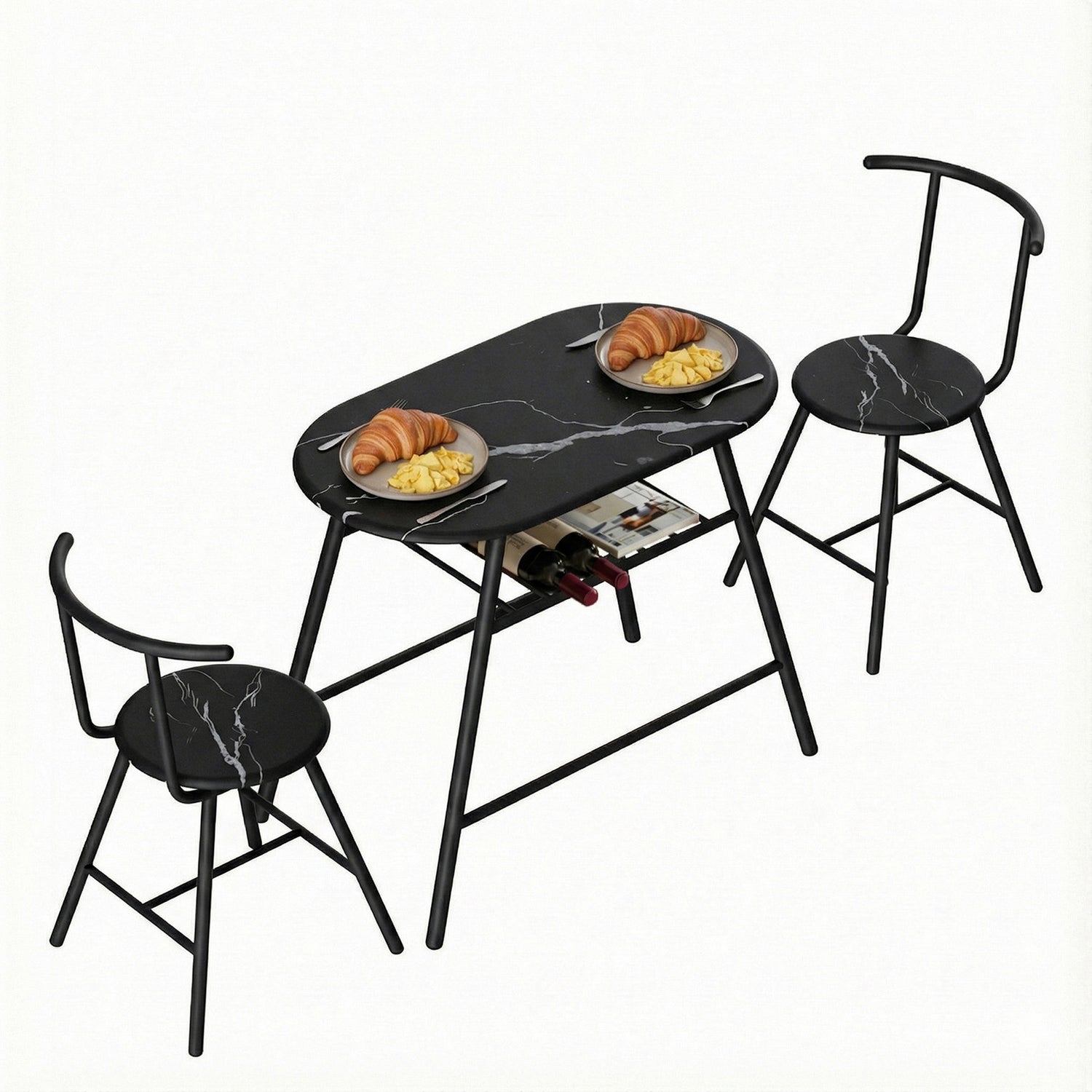Artiss Dining Table Set 3PC Bistro Kitchen Storage Wine Rack Black Marble Style