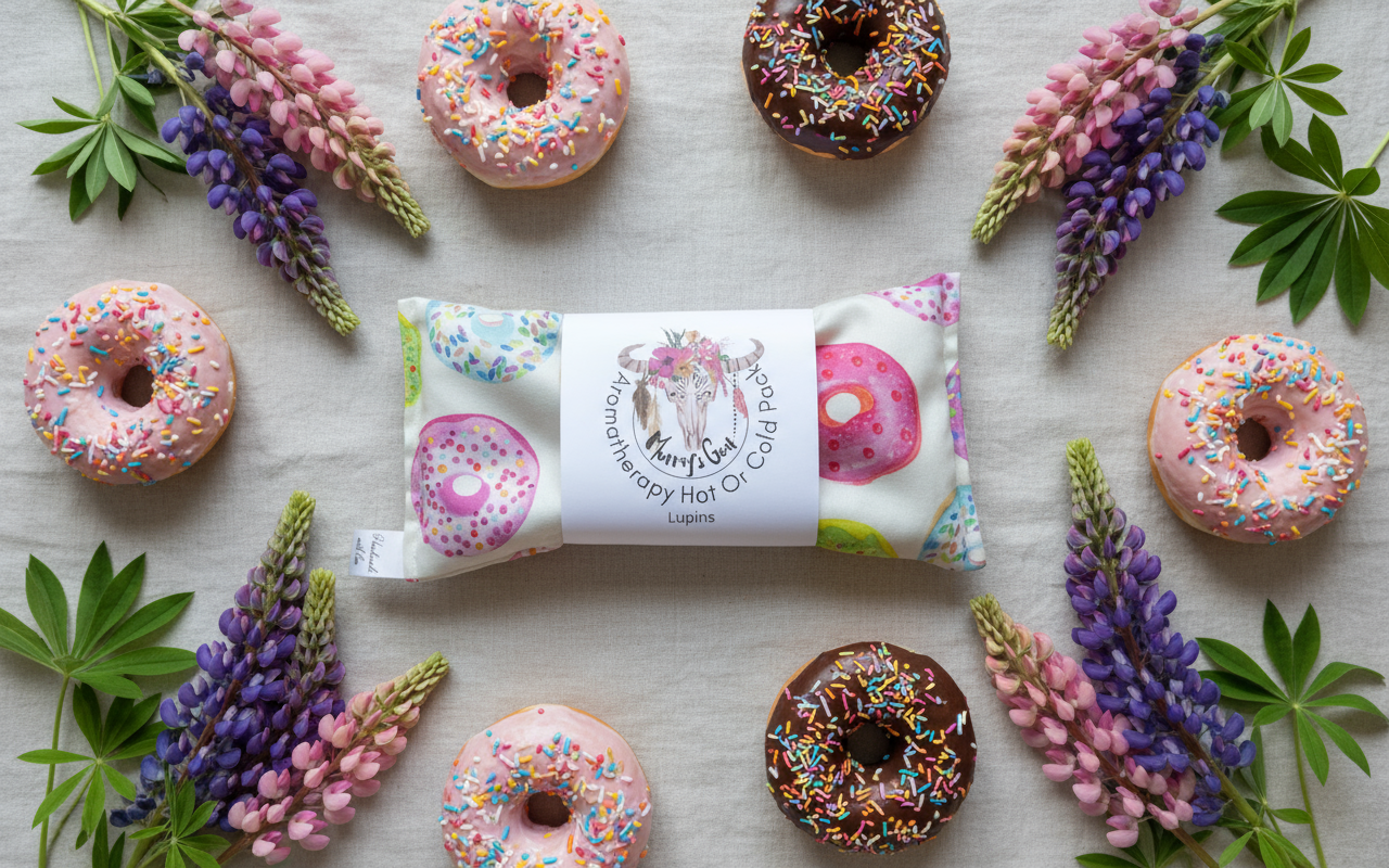 Colorful donut-themed heat pack surrounded by decorative flowers on a wooden surface
