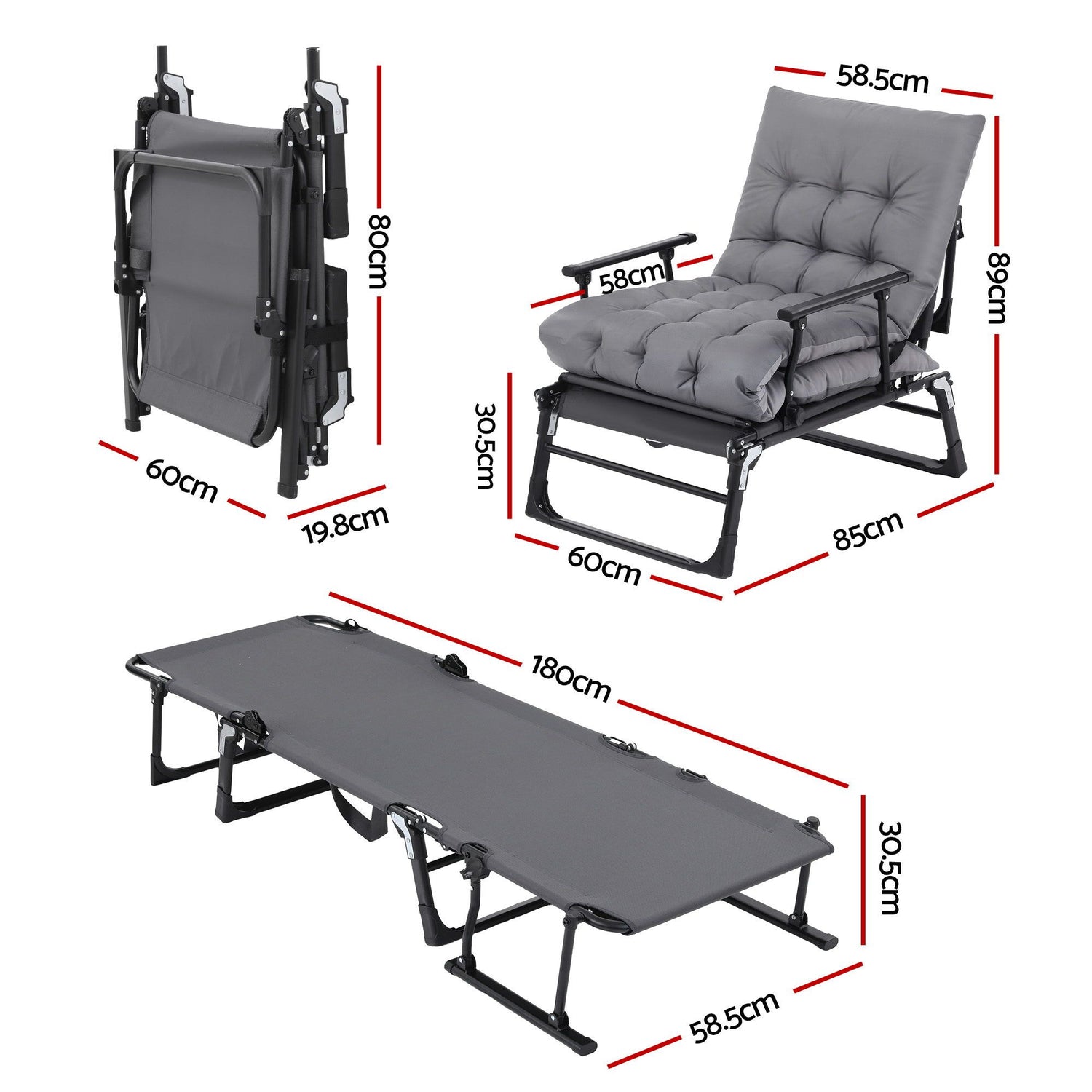 Gardeon 3-in-1 Sun Lounger Folding Camping Chair Adjustable Recliner Patio Furniture for Office Nap, Poolside