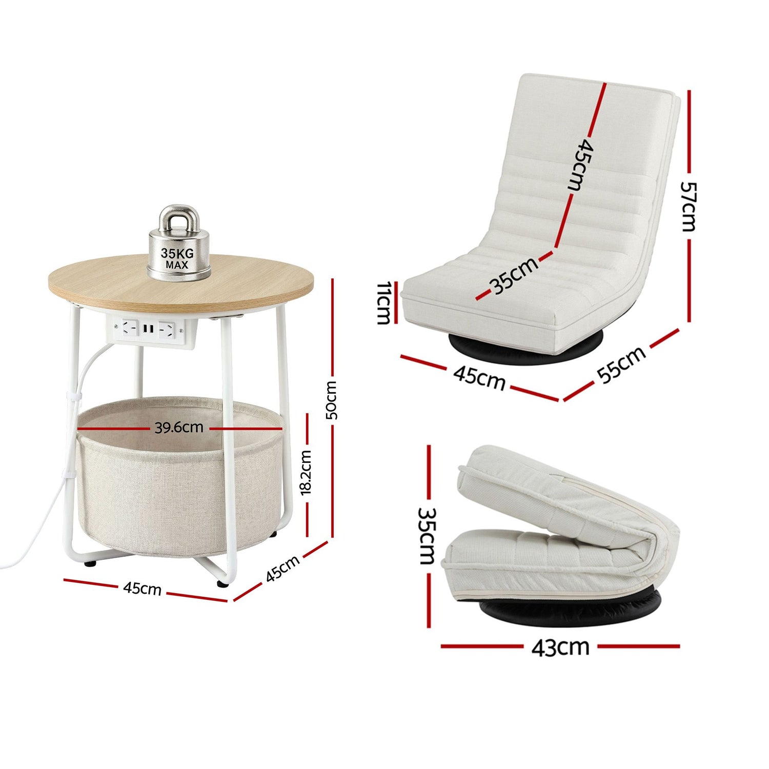 Artiss Floor Lounge & Round Coffee Table Side End Table with Charging Station Set