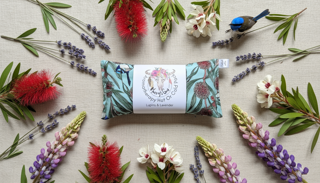 Heat pack with a label surrounded by flowers and leaves on a light background