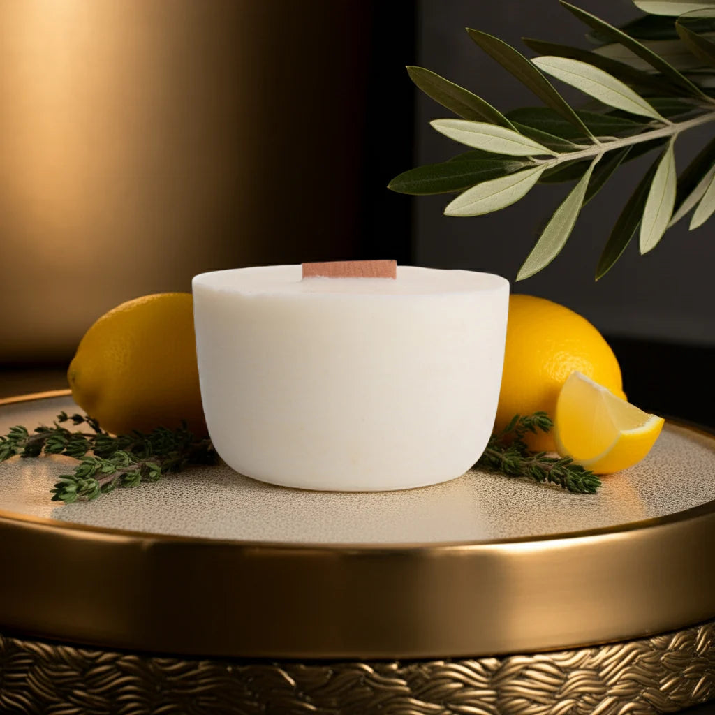 White candle in a decorative holder with lemons and herbs on a textured surface