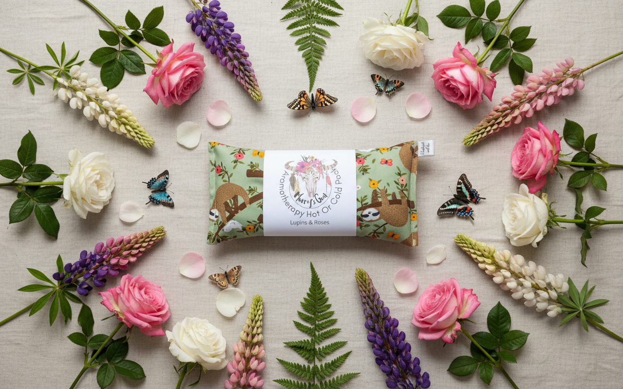  heat pack with a label surrounded by flowers and butterflies on a light background