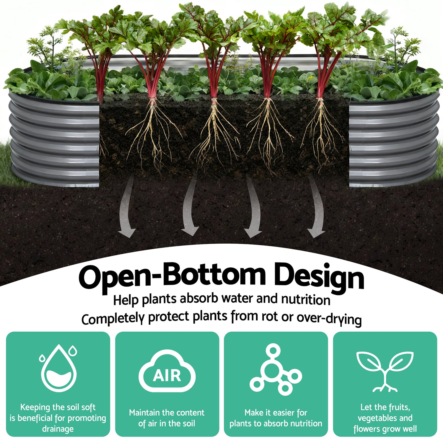 Green Fingers 3 Pcs Raised Garden Bed Kit Oval Galvanized Steel Planter Boxes 240x80x56cm, Heavy Duty Metal Elevated Garden Bed for Vegetables Flowers Herbs, with Safety Edging, Gloves & Pegs Included