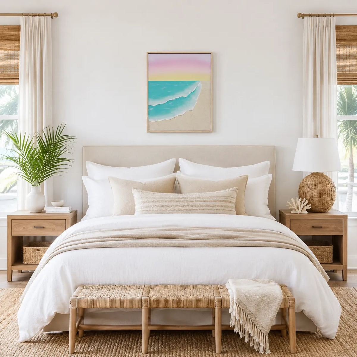 A beautifully styled beach-themed bedroom featuring a minimalist art print of a pastel ocean wave on the wall above a neatly made bed with white linens and beige pillows. The room is decorated with wooden nightstands, a woven bench, a potted palm, and a table lamp.