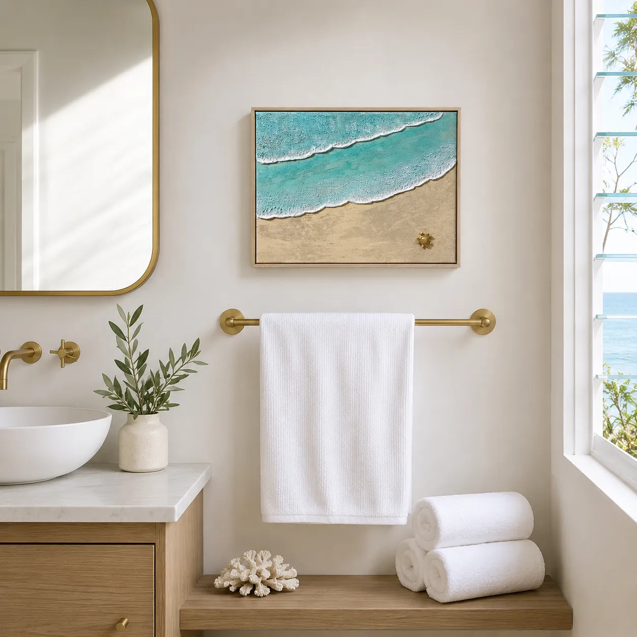 A framed beach wave art print hangs on a cream bathroom wall above a gold towel bar, with a white towel draped below. The print shows turquoise ocean water with white foam and sandy beige shore, styled in a bright, modern bathroom with a sink, mirror, and window.