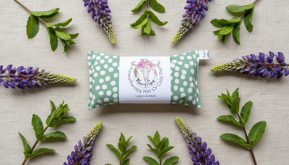 Heat pack packaging with a label surrounded by lavender flowers and leaves on a light background