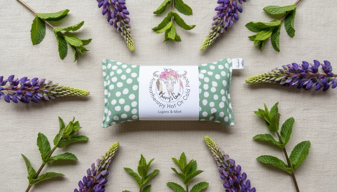 Heat pack packaging with a label surrounded by lavender flowers and leaves on a light background