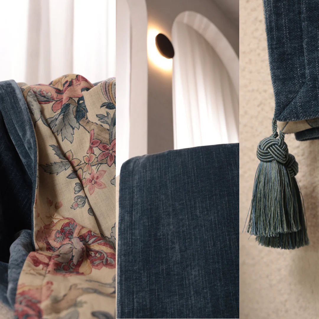 Collage of floral fabric, textured blue fabric, and tassel with a neutral background.