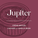 Jupiter crème brèlée packaging with vanilla bean and caramel text on a maroon background