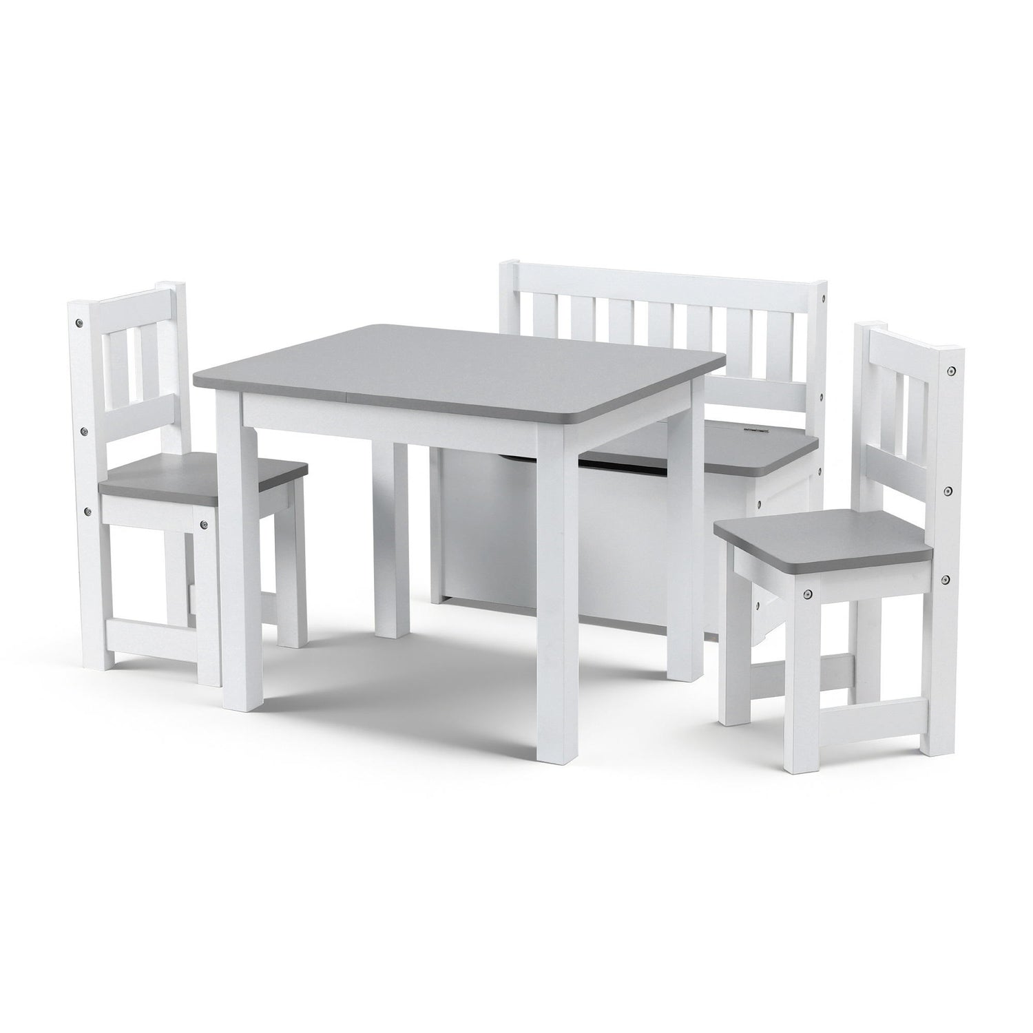 Keezi 2 in 1 Kids Table and Chair Set, Activity Table with Storage Bench and 2 Chairs for Reading, Drawing, Writing, Snack Time & Arts Crafts, 4 PCS Toddler Table and Chair Set, Grey