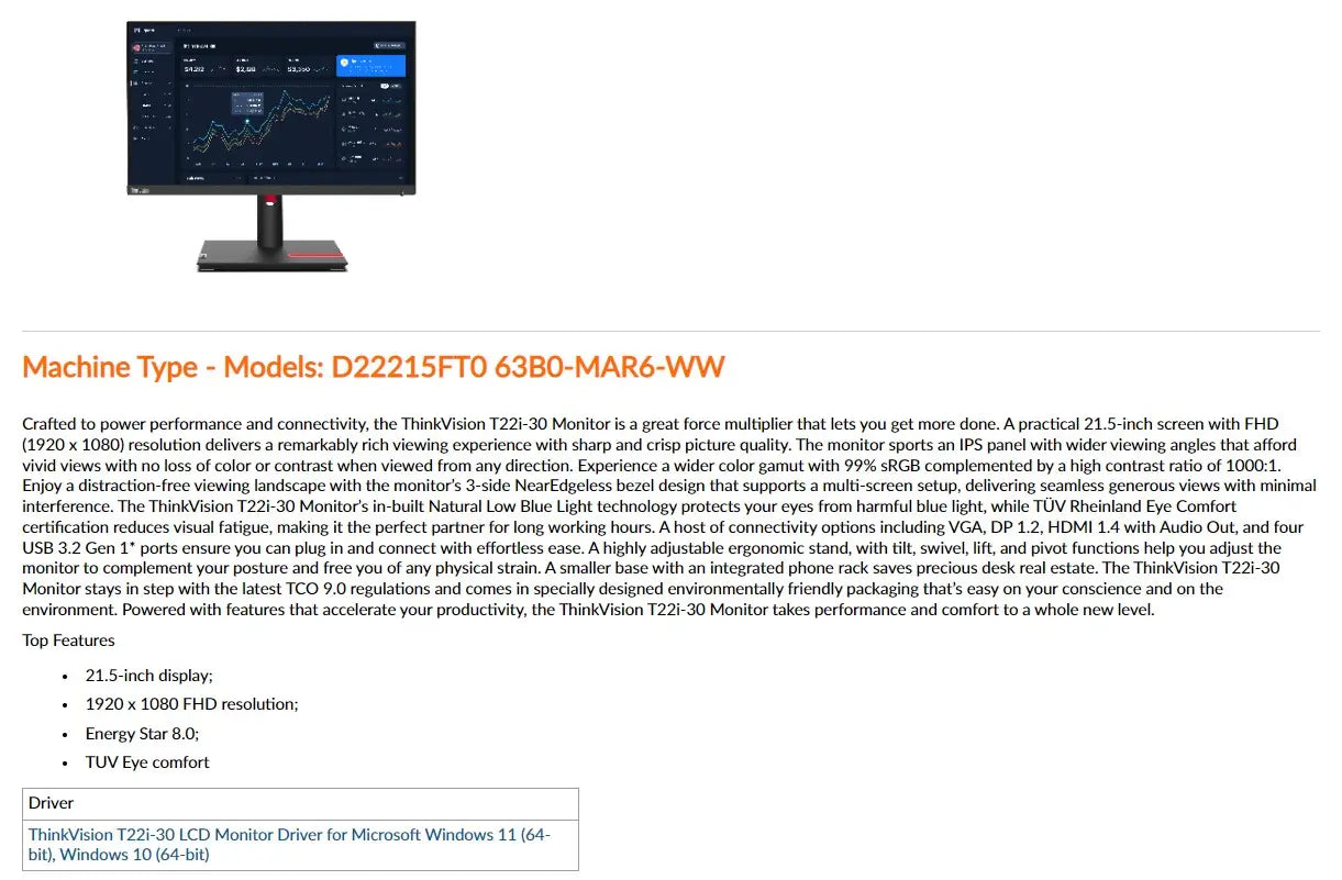 LENOVO ThinkVision T22i-30 21.5' FHD IPS Monitor 1920x1080 16:9 Anti-Glare Height Adjustable Titl Swivel Pivot