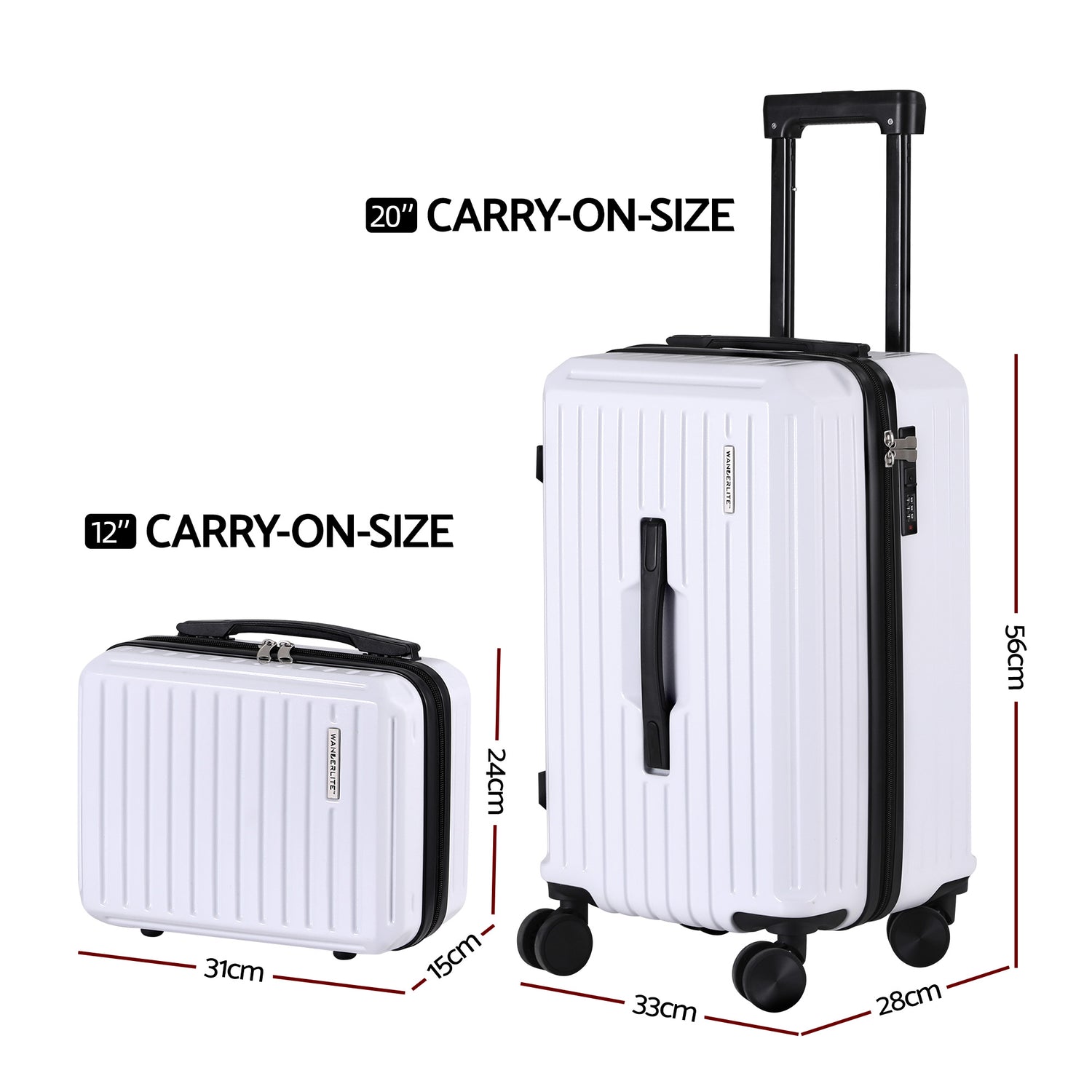 Wanderlite 2pcs Trunk Luggage Suitcase Travel Carry On TSA Lock 12" 20" White