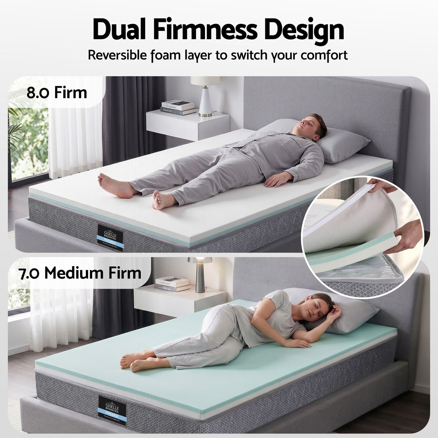 Giselle Bedding King Single Mattress 23cm Pocket Spring Mattress with Adjustable Firmness Reversible Foam Layer for Medium Firm & Firm Support Motion Isolation Bedroom Bed