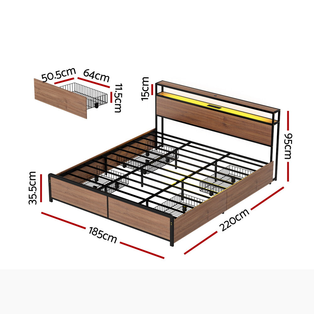Artiss Metal Bed Frame King Size with 2-Tier Storage Headboard Metal Platform with 4 Storage Drawers Built in Charging Station & LED Noise-Free/Metal Support/No Box Spring Needed Vintage Brown