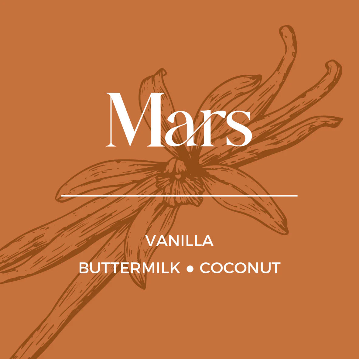 Vanilla pod illustration with 'Mars' branding on a brown background