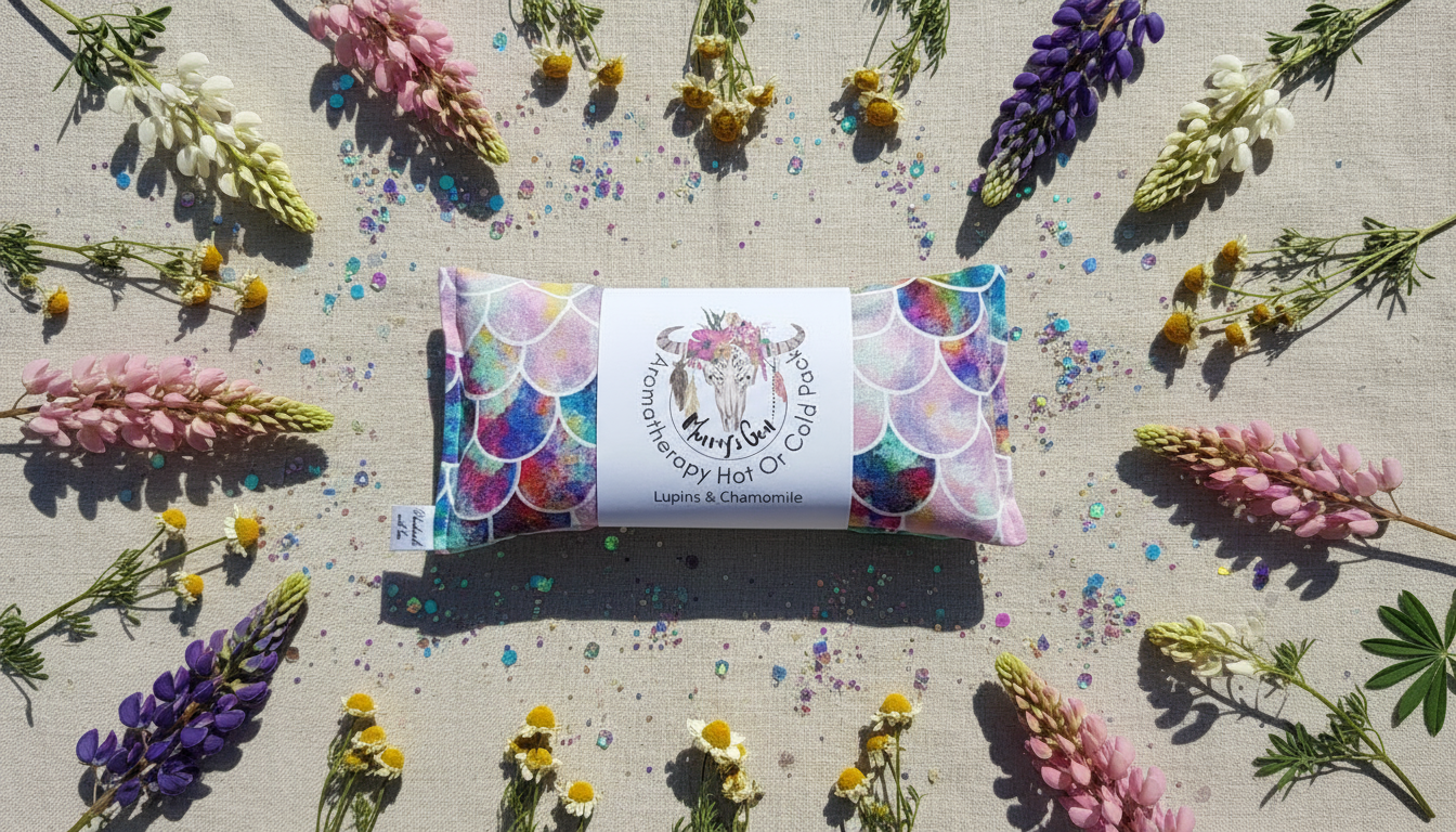Colourful  heat pack surrounded by flowers on a textured surface