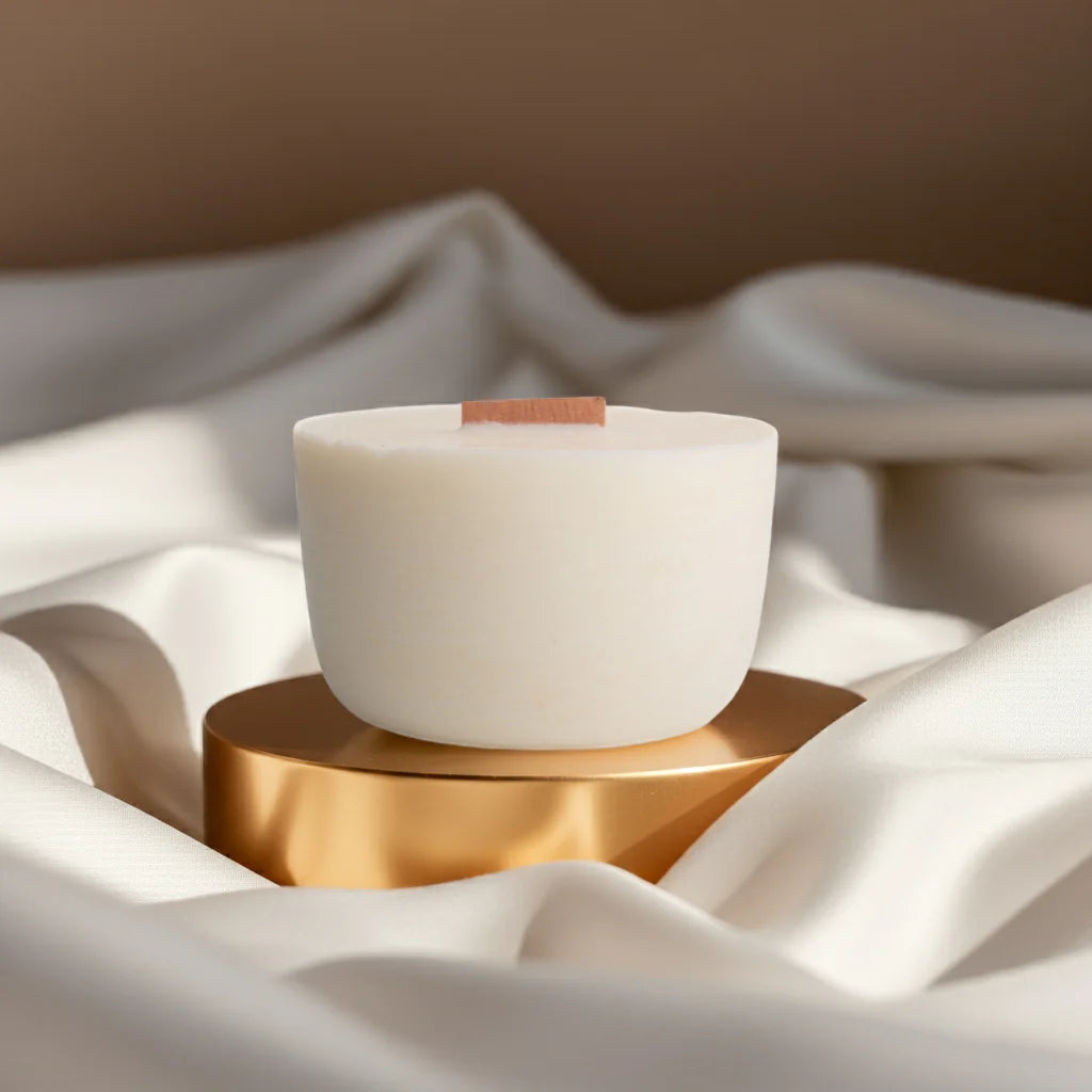 White ceramic cup on a gold stand with a soft white fabric background