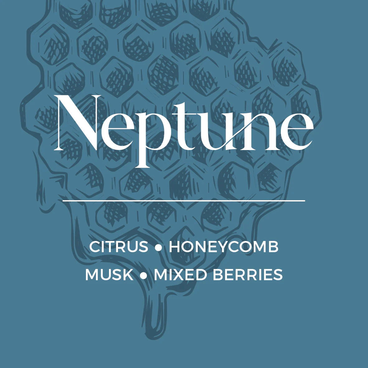Neptune product label with honeycomb design on a blue background