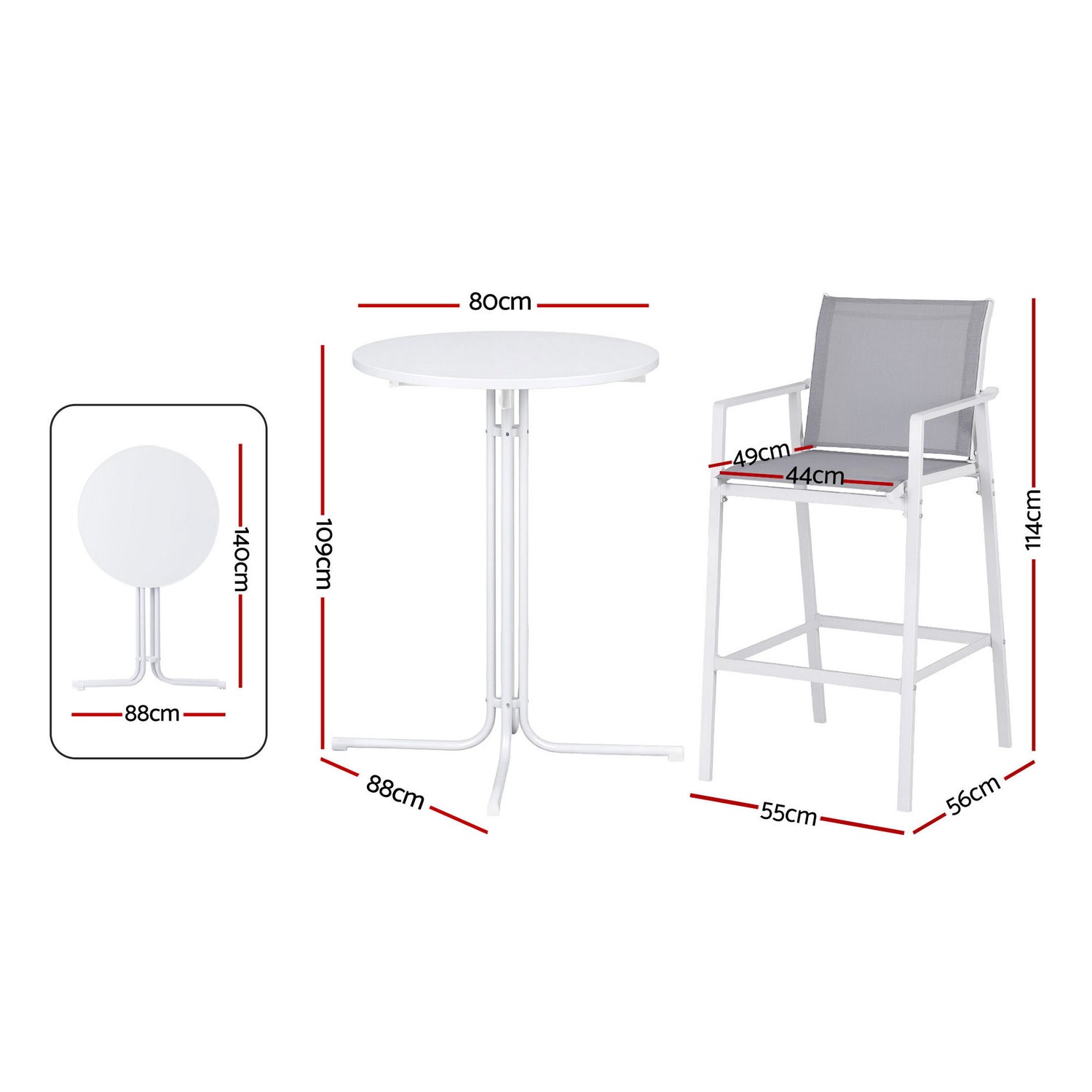 Gardeon 3PC Outdoor Bar Set Stools Dining Chairs Table Patio Furniture Bistro Set Steel White