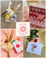 Collage of handmade cards and floral arrangements with 'One Off Card Designs' logo.