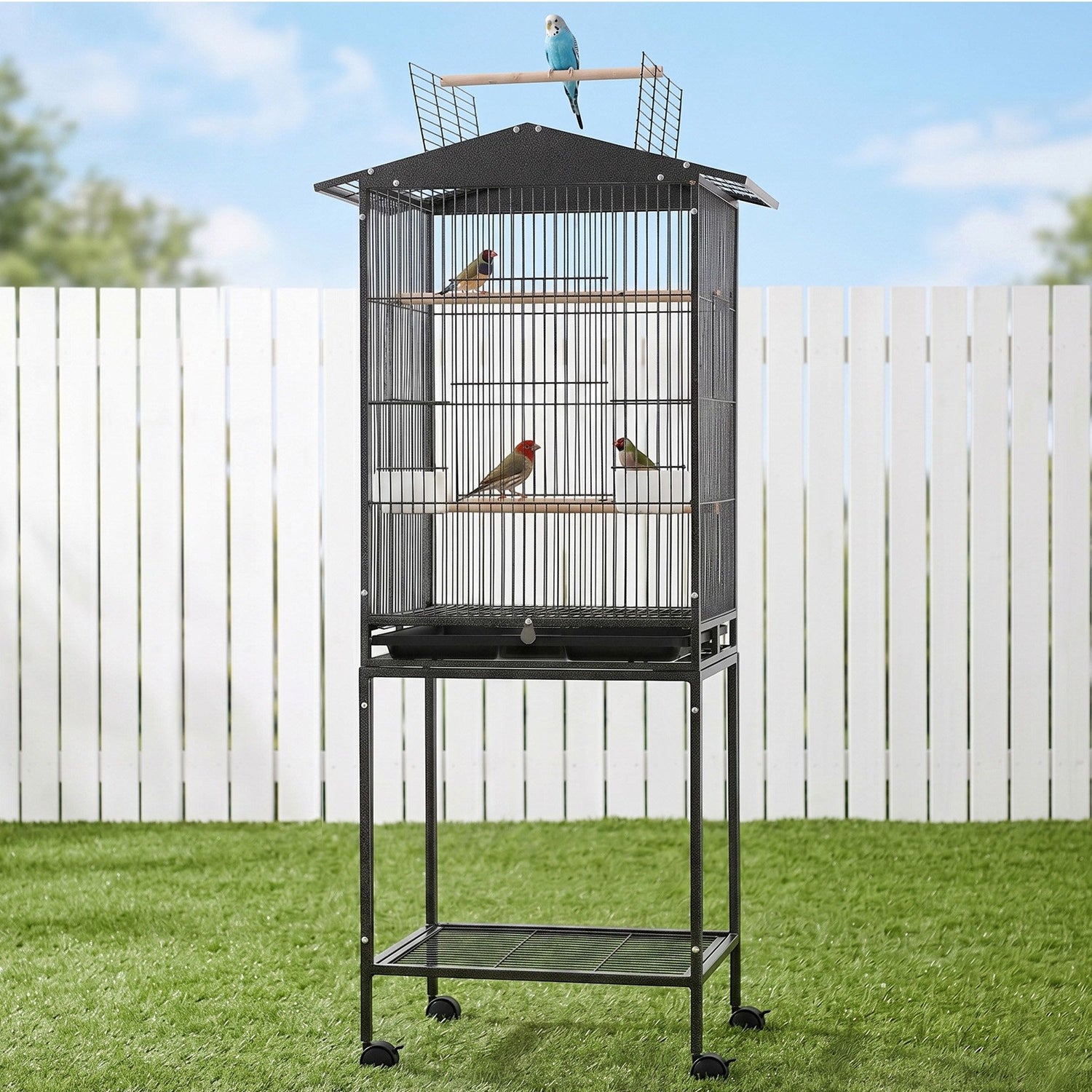 i.Pet 136cm Bird Cage Aviary Open Top Parrot Budgie Stand Wheels Black