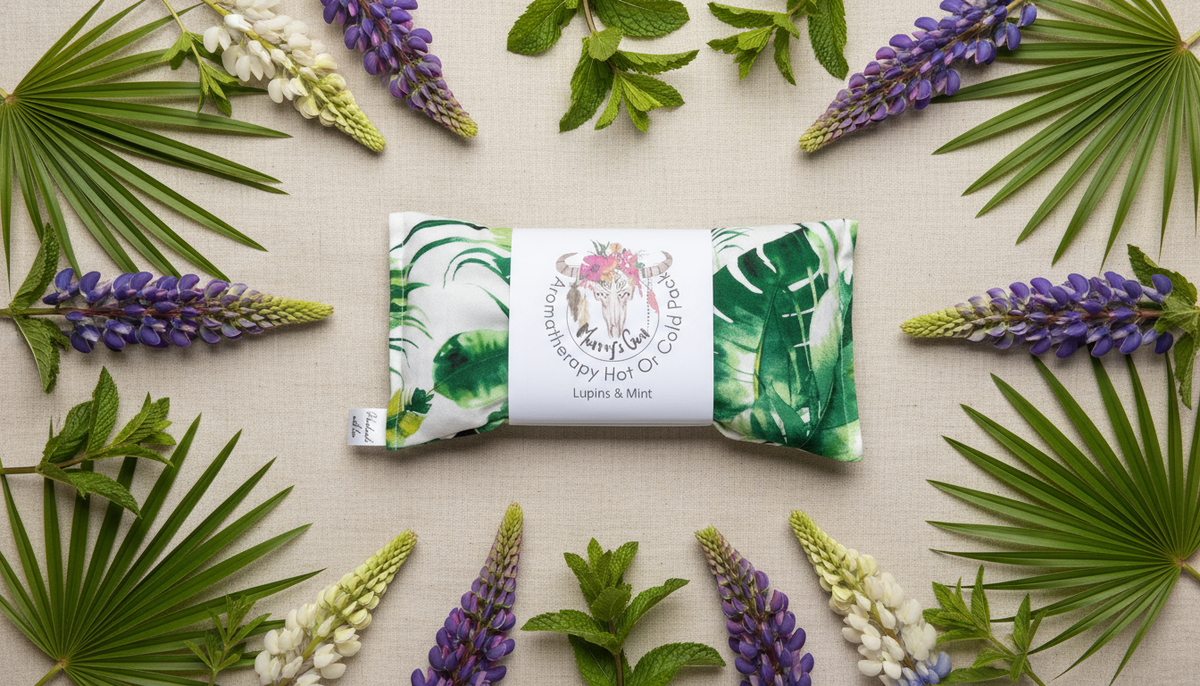 Heat pack with floral and leaf design on a beige background