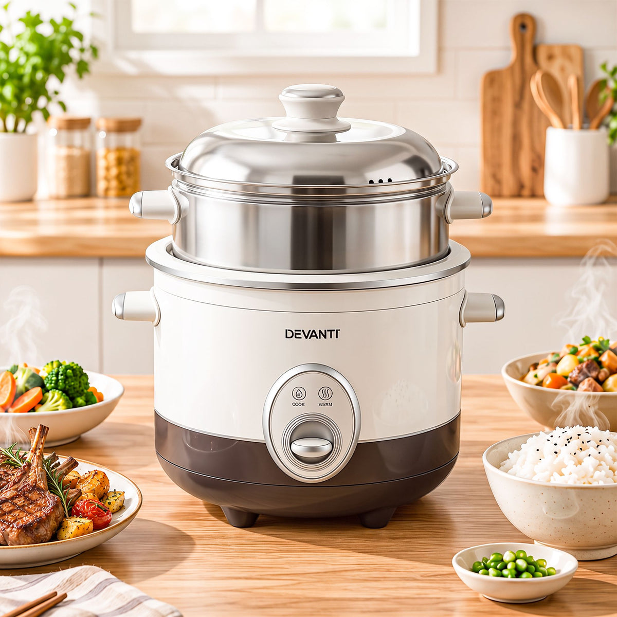 Devanti 3L Rice Cooker Small 6 Cup Multi Cooker with Steamer