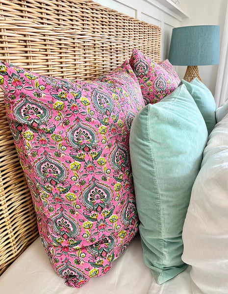 Rajput Palace Pink & Teal European Cushion Cover – Handmade 100% Cotton Kantha Stitch 66x66cm