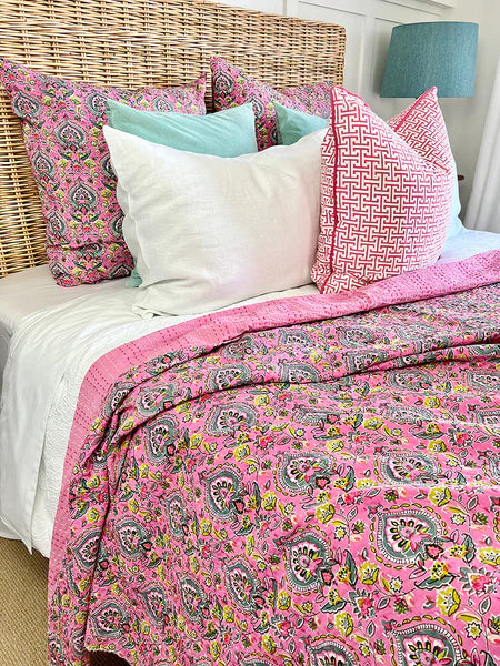Rajput Palace Pink & Teal European Cushion Cover – Handmade 100% Cotton Kantha Stitch 66x66cm