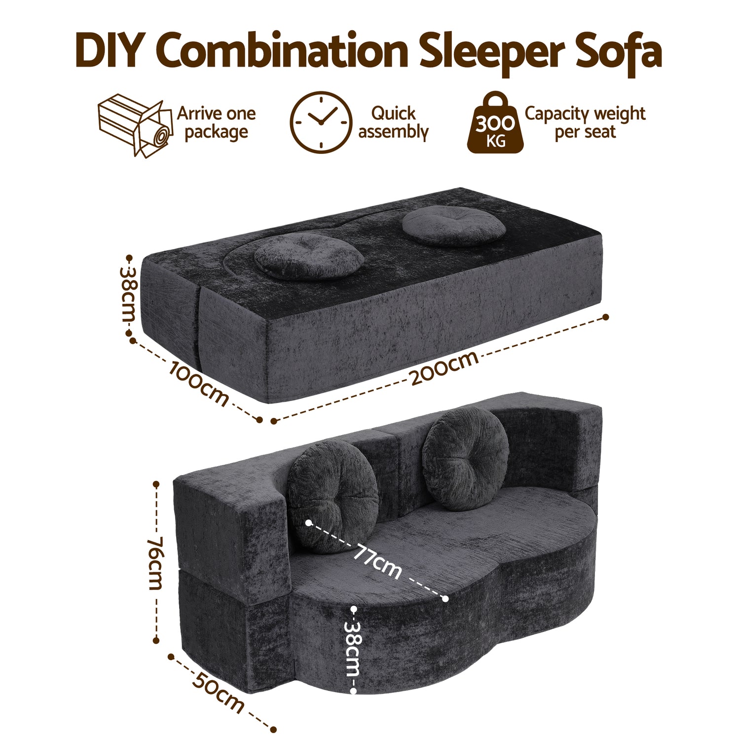 Artiss 2 in 1 Convertible Compressed Sofa Bed, Folding Boneless Sofabed for Living Room ,Comfort Curved Sleeper Couch with High Density Sponge, Apartment Essentials, No Assembly, 2 Pillows, Grey