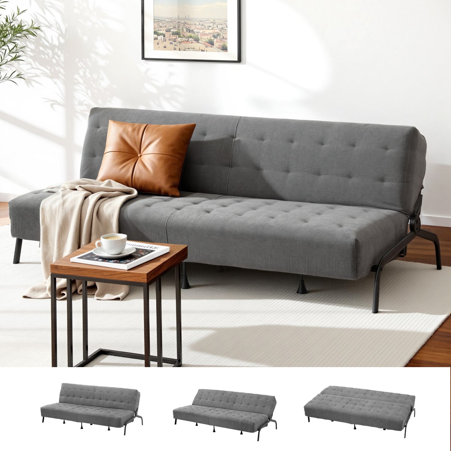Artiss Sofa Bed, 1.9m 3-Seater Soft Innerspring Adjustable Couch Futon Chair for Apartment Dorm Living Room Bedroom, Grey