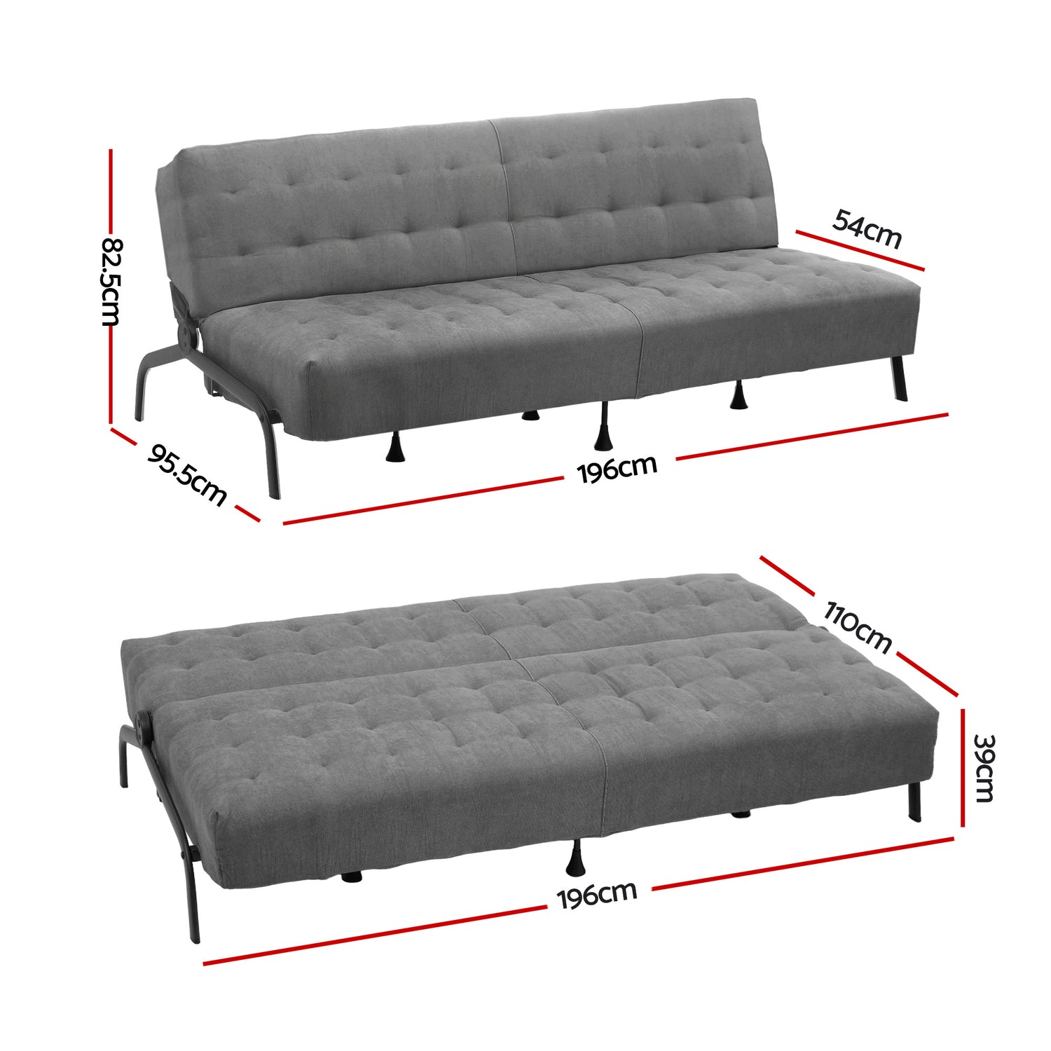 Artiss Sofa Bed, 1.9m 3-Seater Soft Innerspring Adjustable Couch Futon Chair for Apartment Dorm Living Room Bedroom, Grey