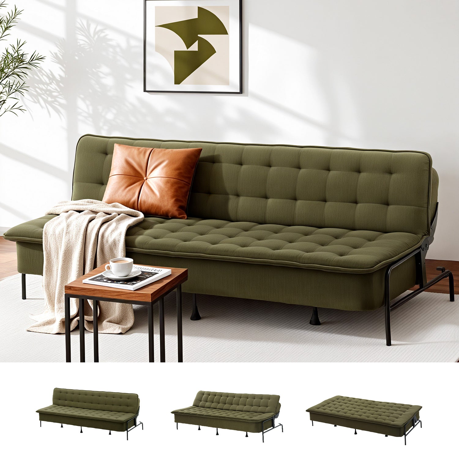 Artiss Sofa Bed, 1.9m 3-Seater Soft Innerspring Adjustable Couch Futon Chair for Apartment Dorm Living Room Bedroom, Green