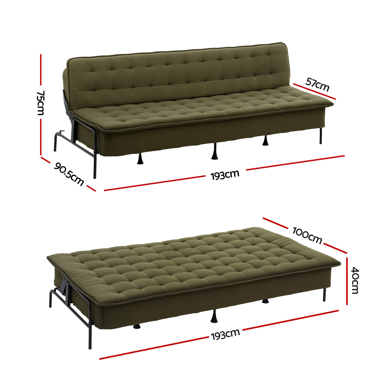 Artiss Sofa Bed, 1.9m 3-Seater Soft Innerspring Adjustable Couch Futon Chair for Apartment Dorm Living Room Bedroom, Green