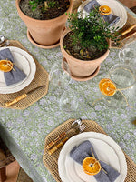 Table setting with plates, glasses, and potted plants on a floral tablecloth.