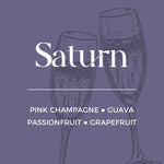 Two champagne glasses with 'Saturn' branding and flavor description on a purple background