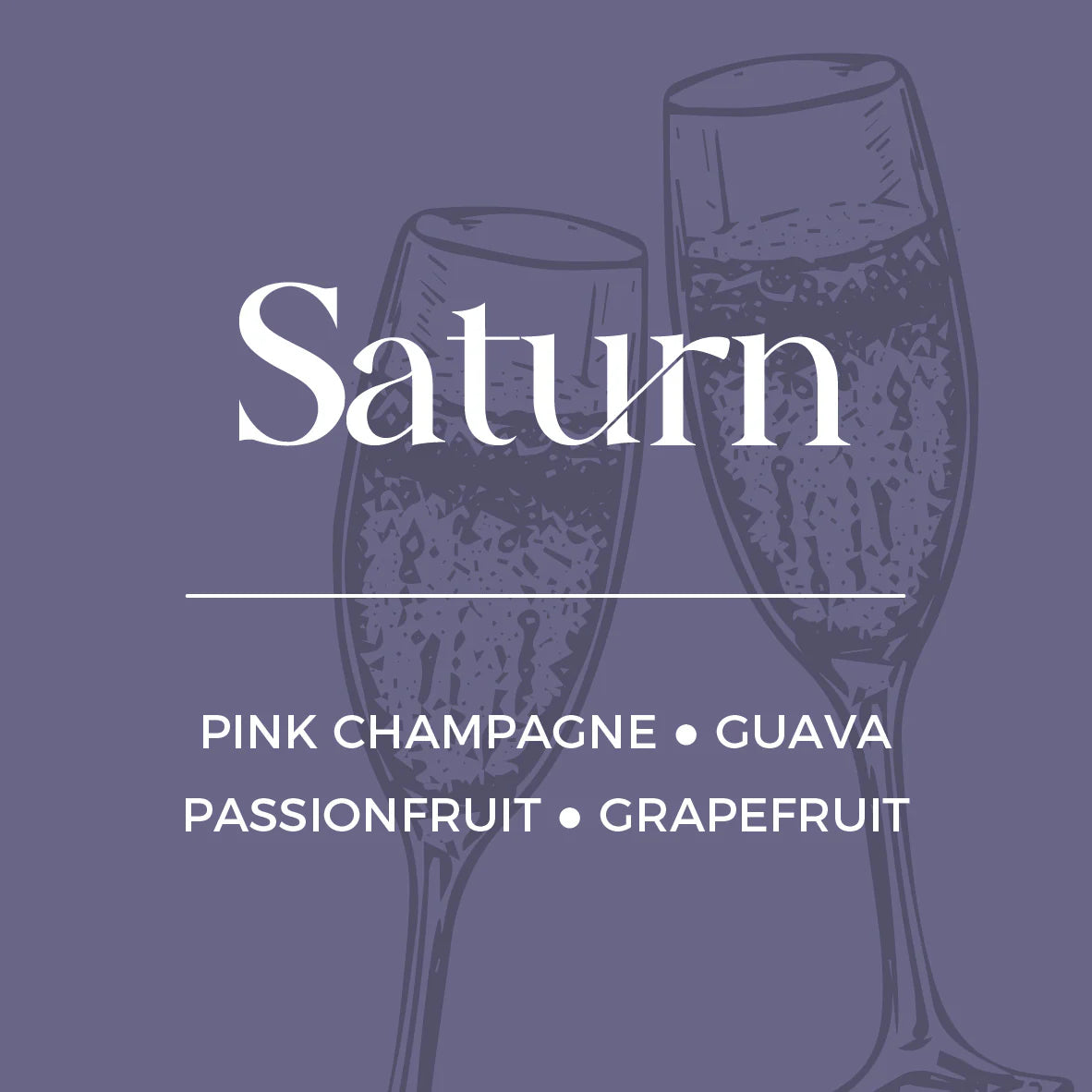 Two champagne glasses with 'Saturn' branding and flavor description on a purple background