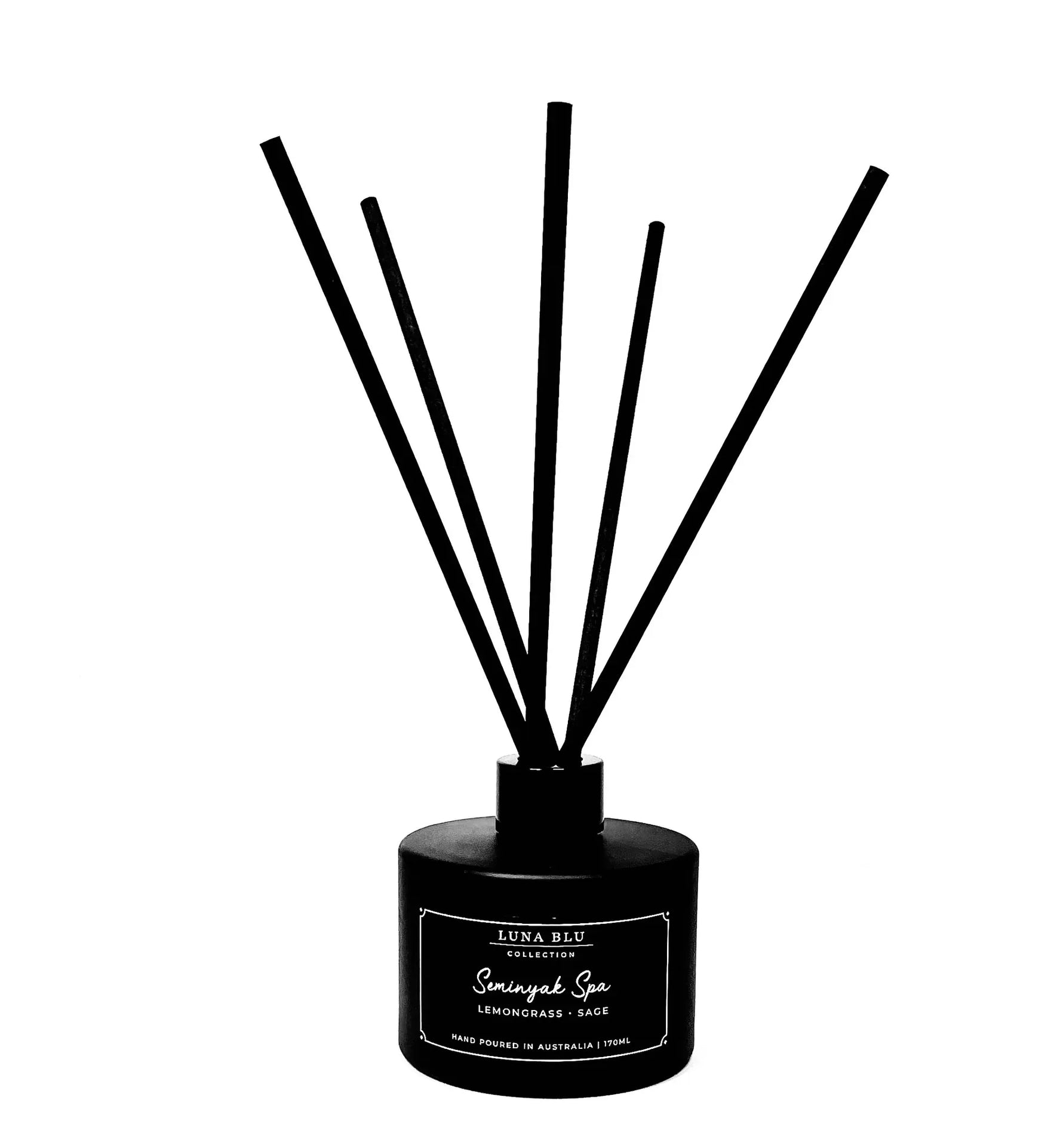 A black reed diffuser bottle with six black reeds, featuring a white label that reads 'LUNA BLU' and 'Sengsak Spa'.