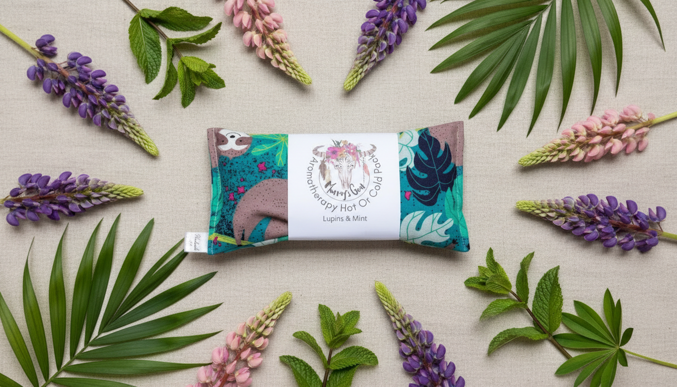 Heat pack with a decorative label surrounded by purple and pink flowers and green leaves on a beige background