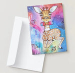 Greeting card with a colorful illustration of a giraffe wearing a bow tie on a white background.
