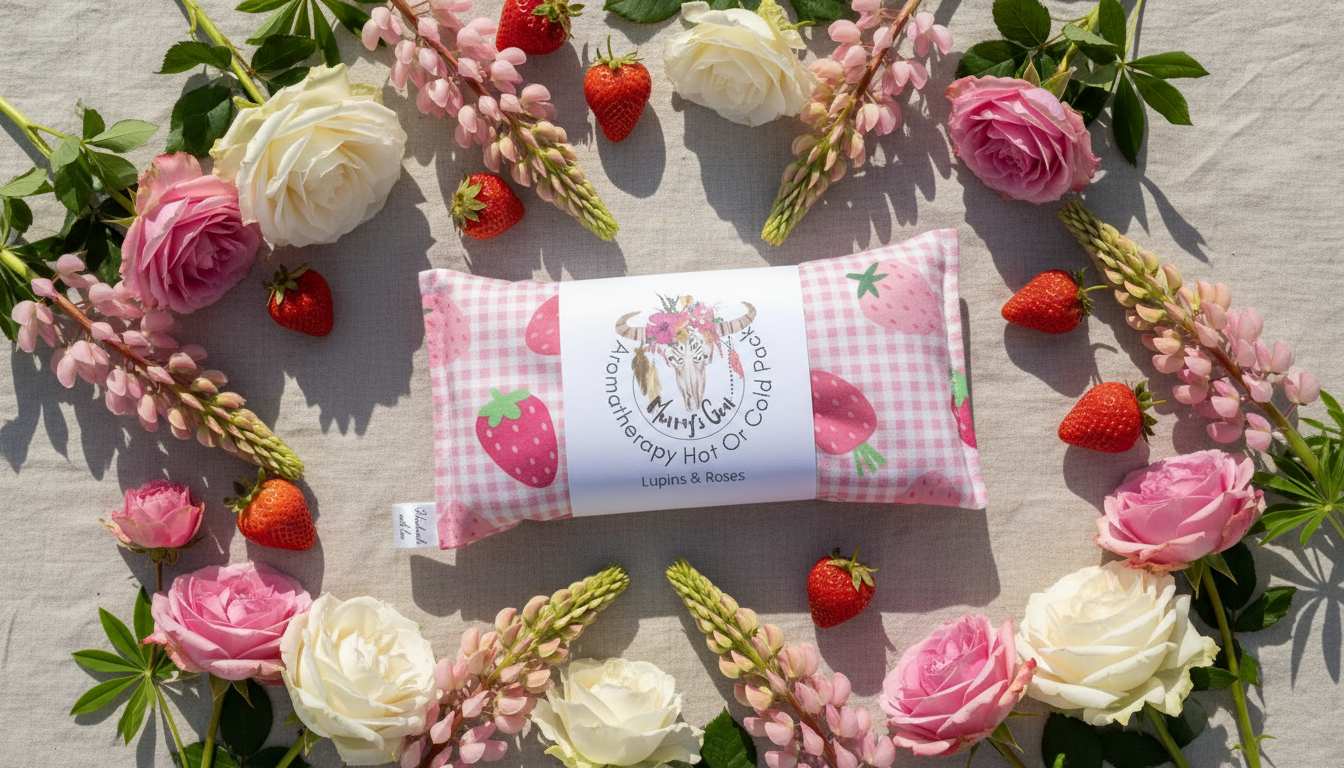 Pink and white checkered  heat pack with strawberry design surrounded by flowers and strawberries on a wooden surface.