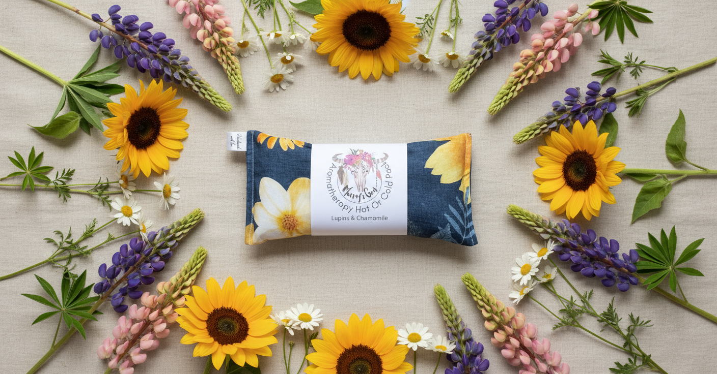 Heat pack surrounded by sunflowers and other flowers on a light background
