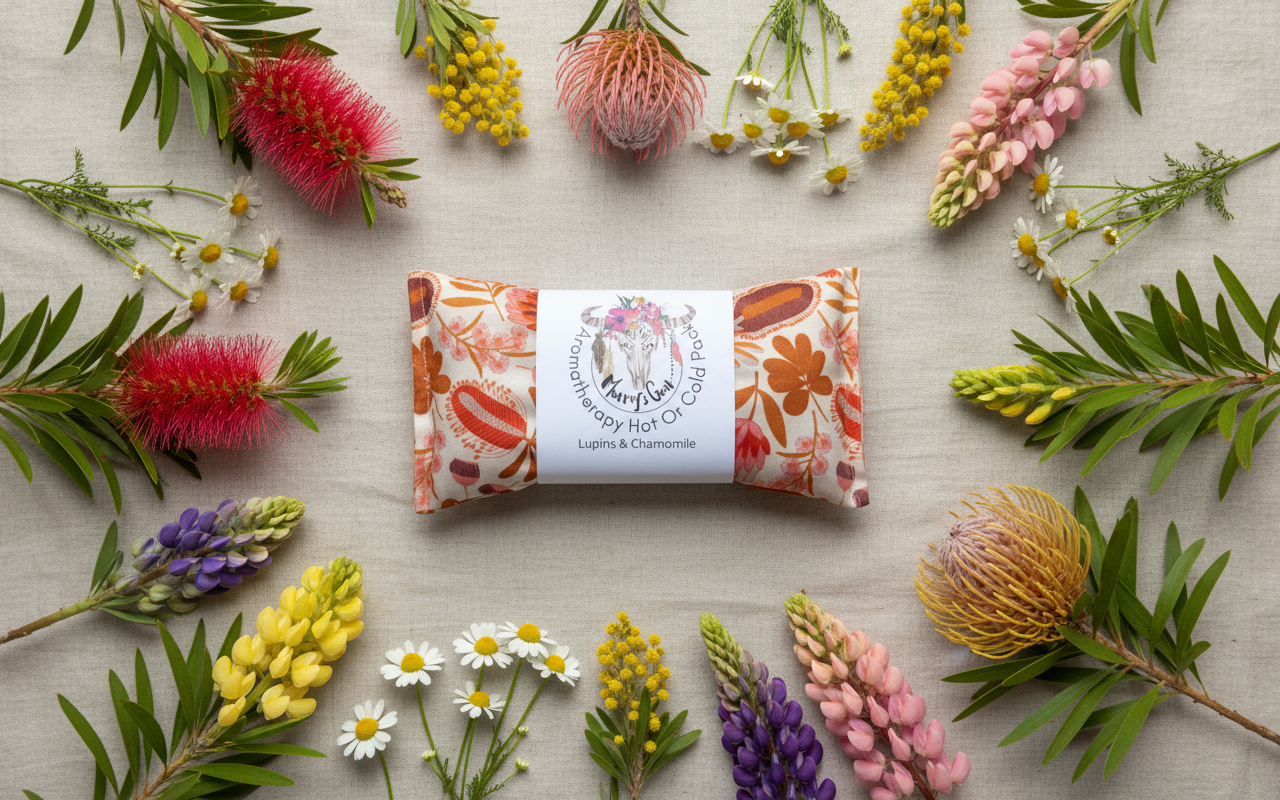 Heat pack with a floral pattern surrounded by various flowers on a light background