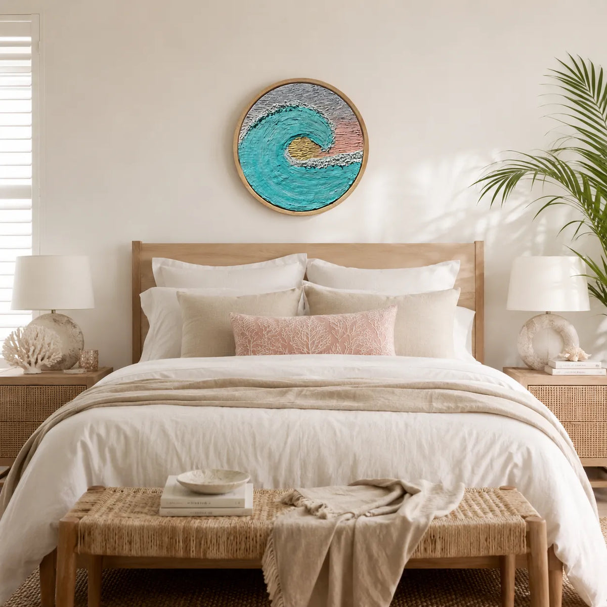 A styled bedroom scene with a neatly made bed in neutral whites and beige linens, a woven bench at the foot, and a round framed wave artwork hanging above the headboard. A plant and bedside lamps are visible in a bright, airy room.