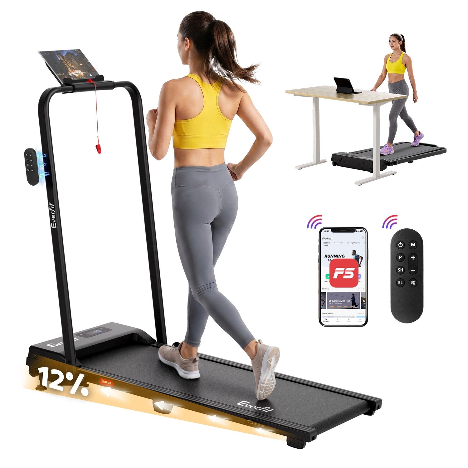 Everfit 3 in 1 Walking Pad Treadmill 12% Incline Under Desk Foldable Treadmills for Home Gym With 38cm Wide Belt APP Control