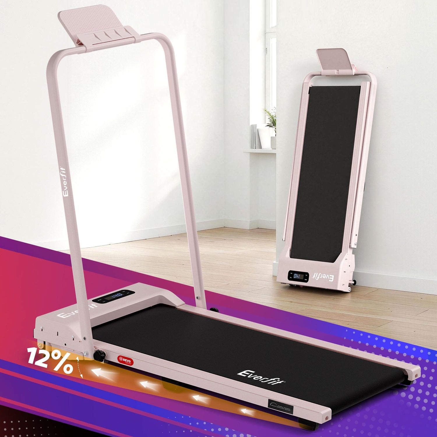 Everfit 3 in 1 Walking Pad Treadmill 12% Incline Foldable Under Desk Treadmills for Home Gym With 38cm Wide Belt Pink